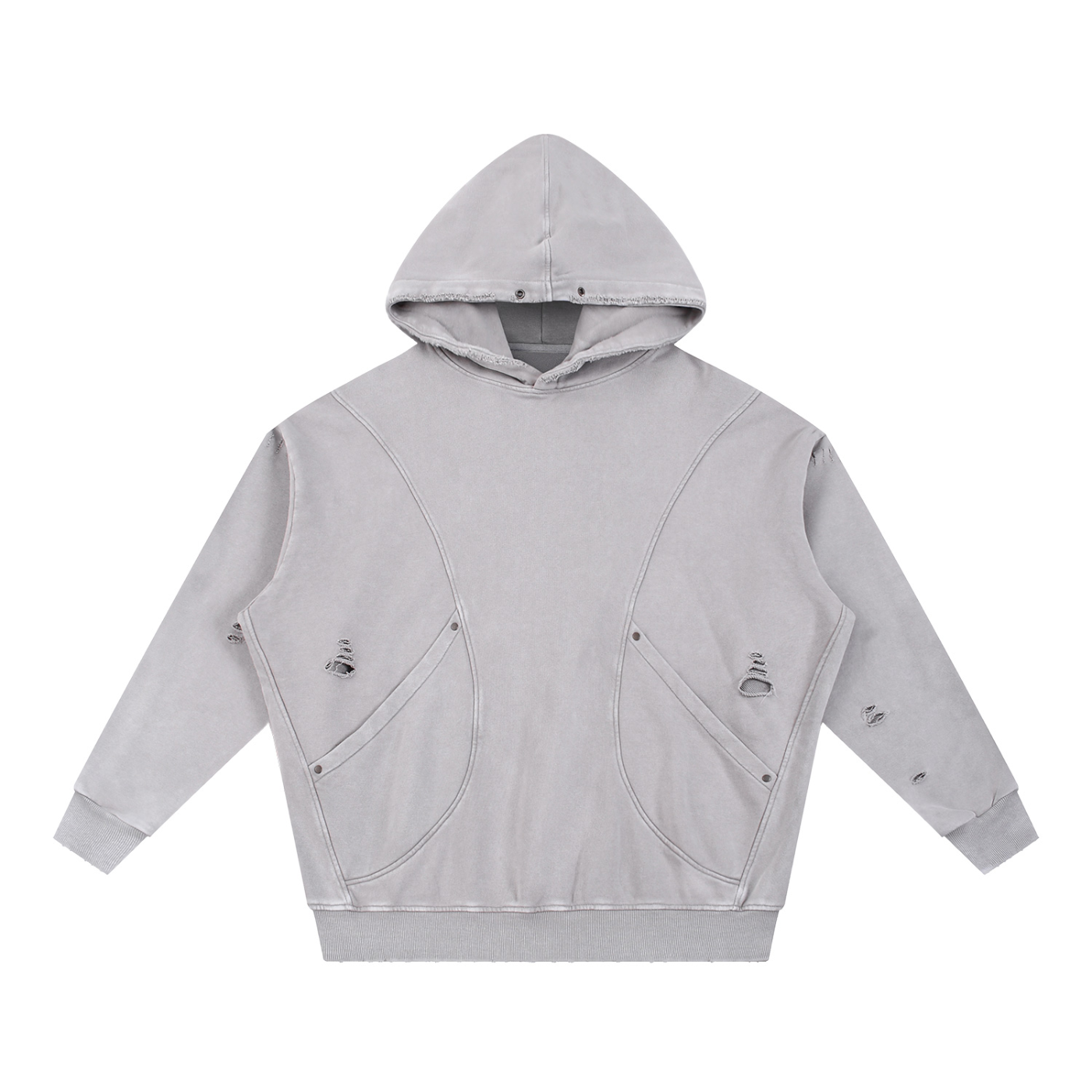Snow Washed Distressed Panel Pocket Hoodie