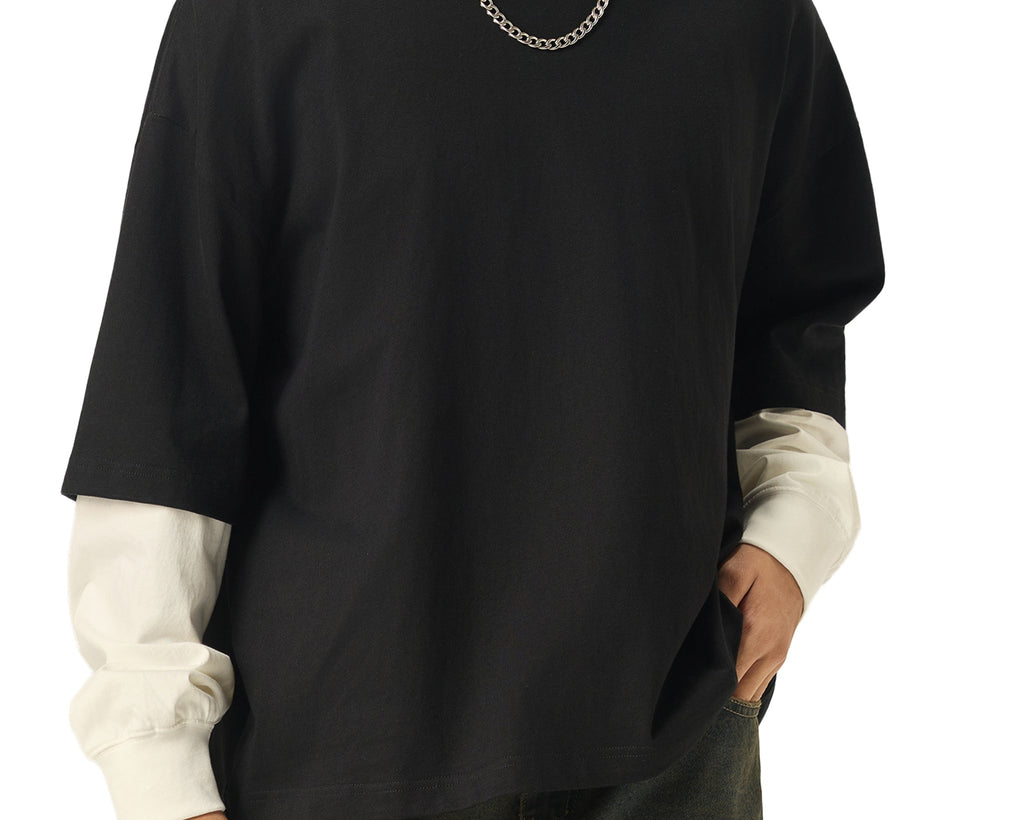 Layered Contrast Sleeve Cotton T-Shirt