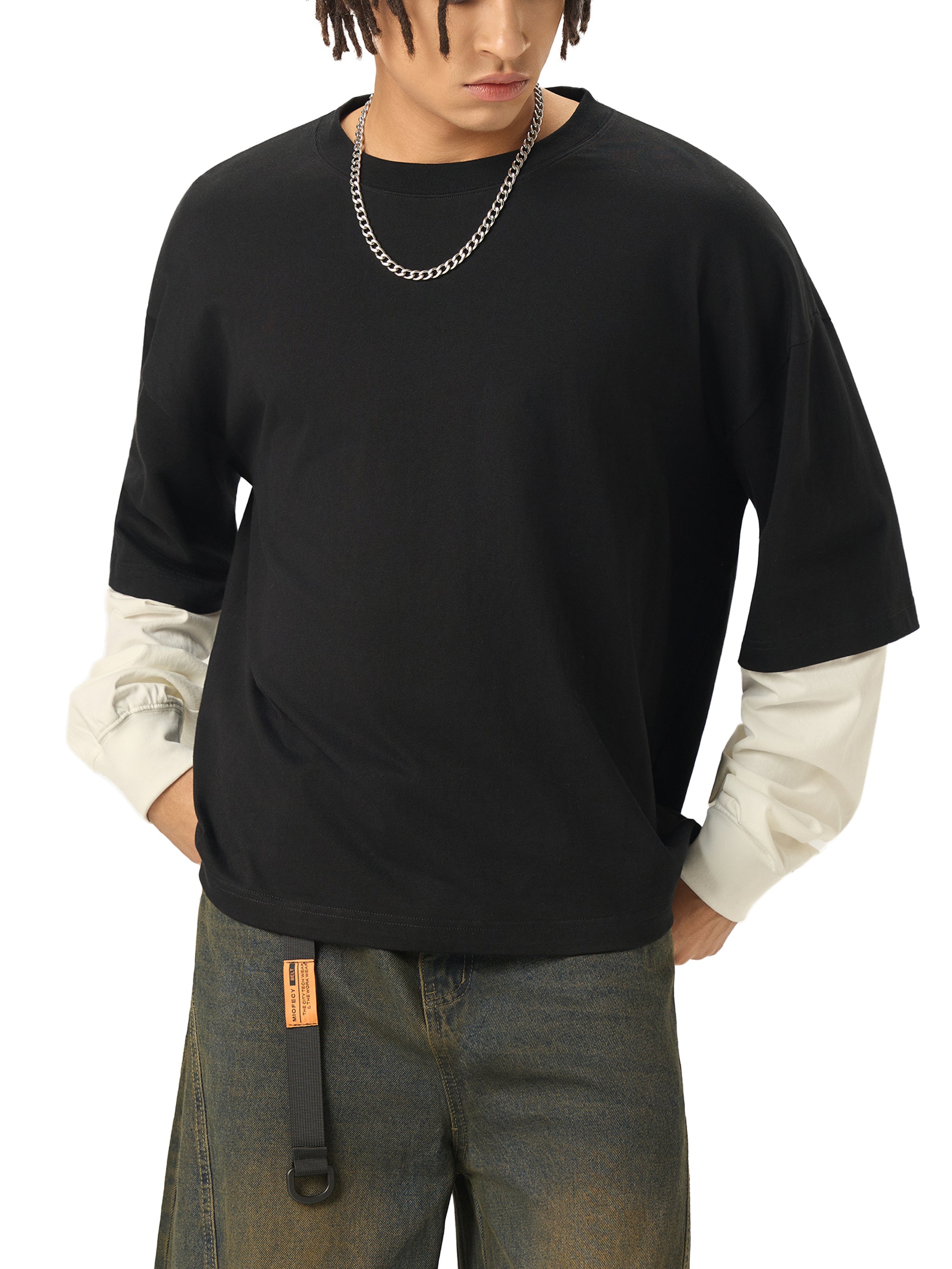 Layered Contrast Sleeve Cotton T-Shirt