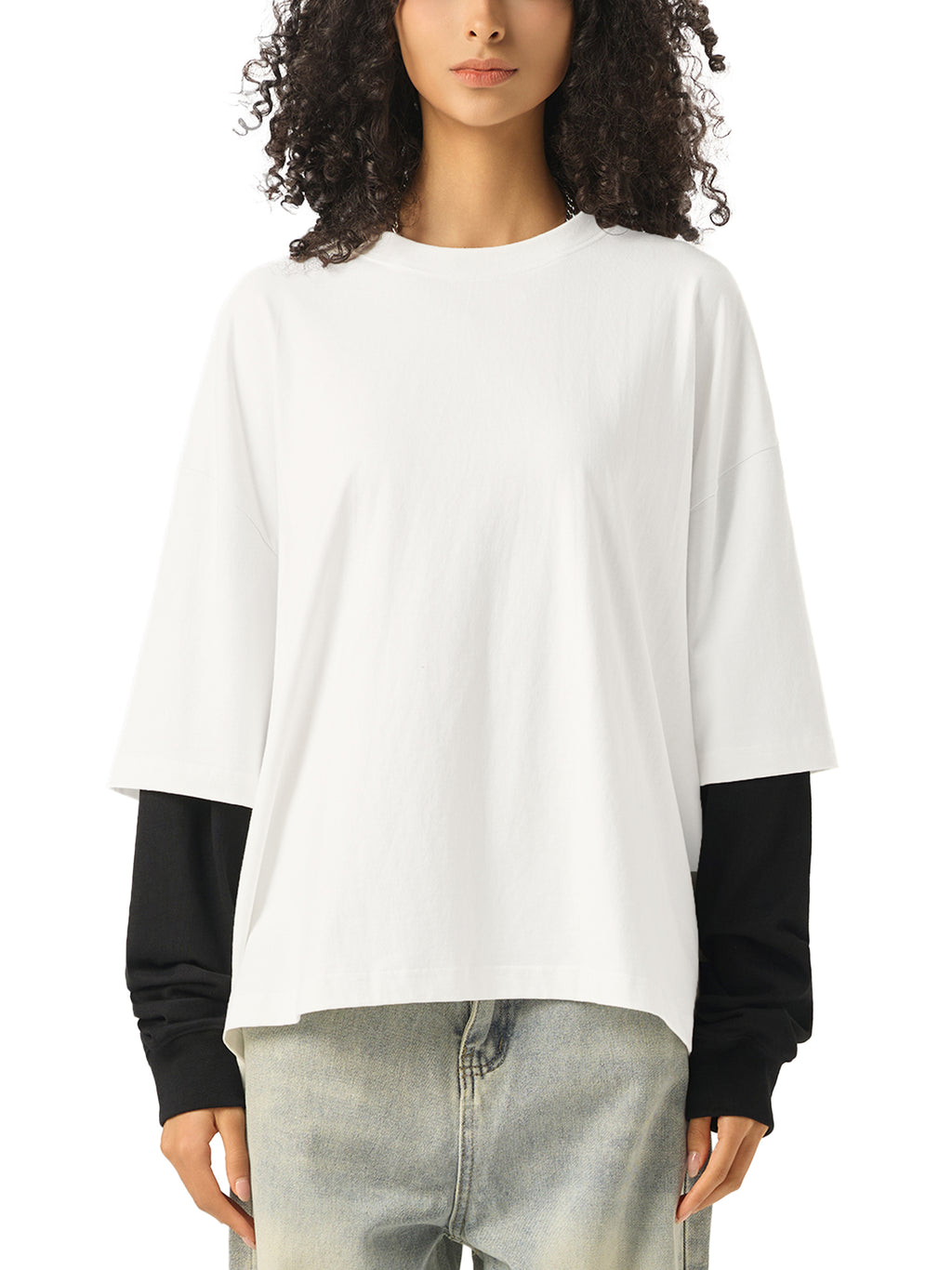 Layered Contrast Sleeve Cotton T-Shirt