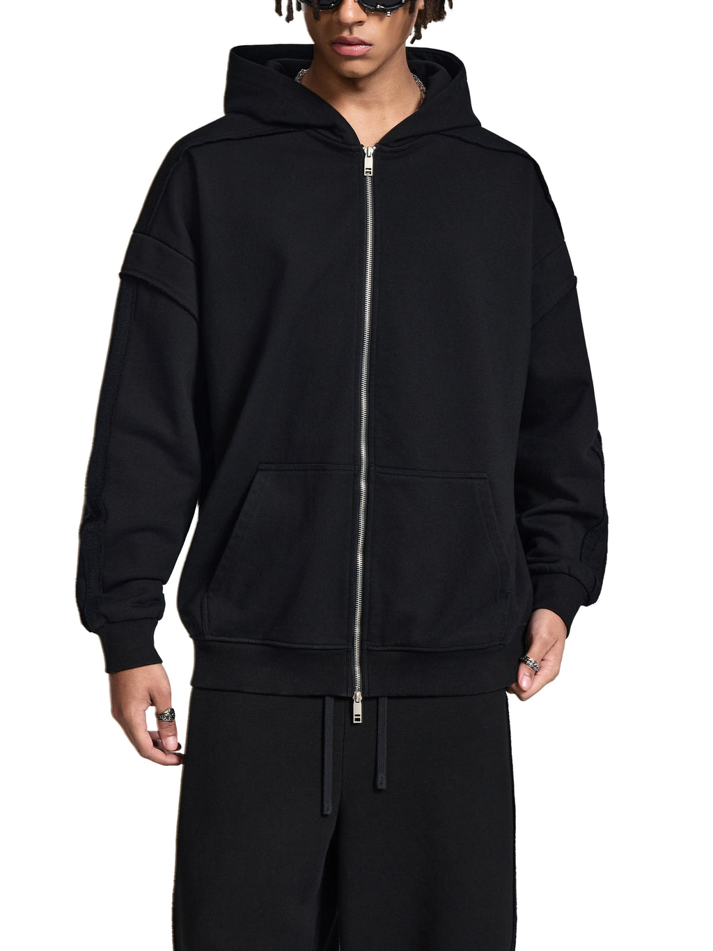 Contrast Tape Raw Edge Double Layered Zip Hoodie