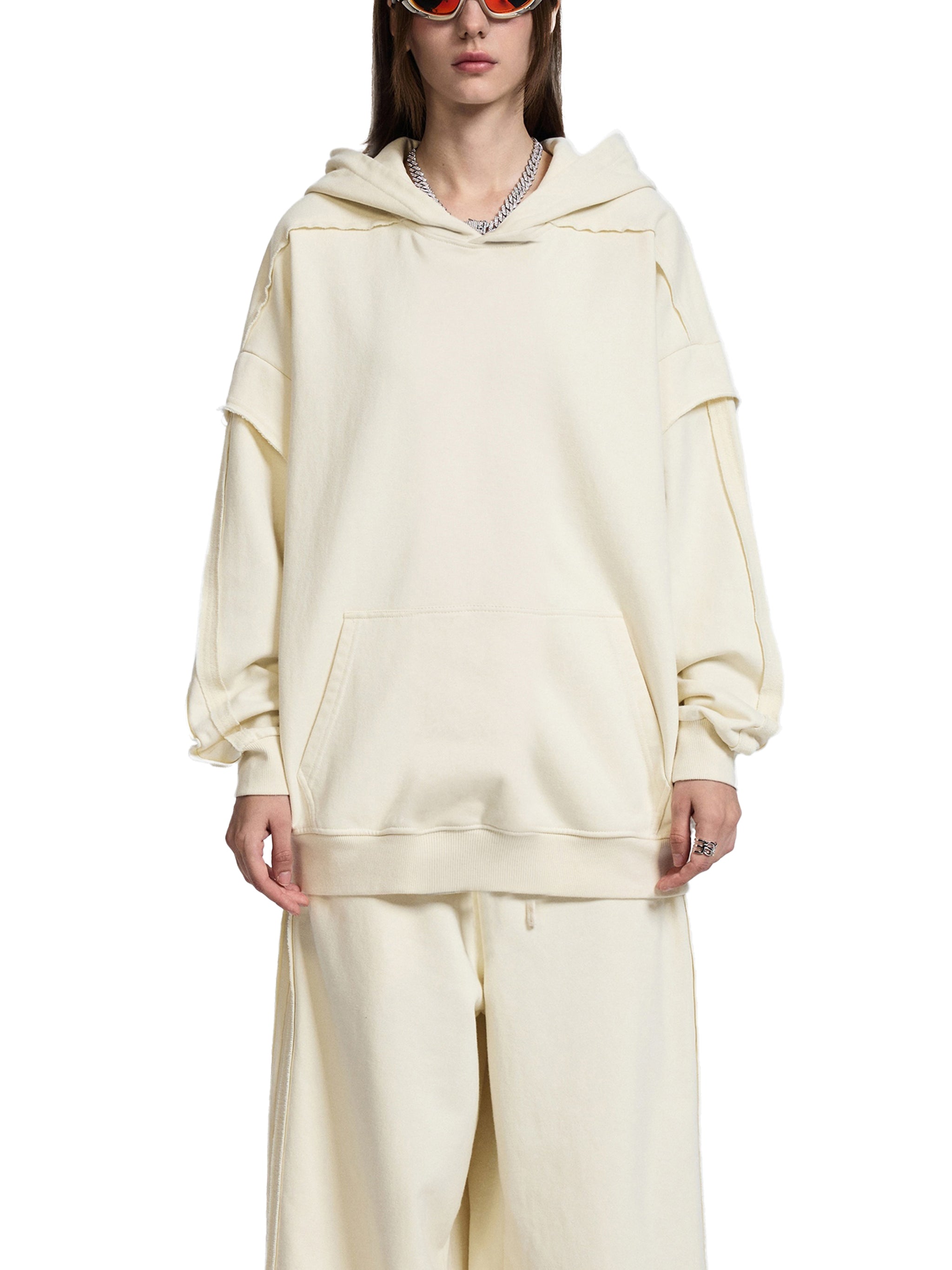 Contrast Tape Raw Edge Double Layered Hoodie