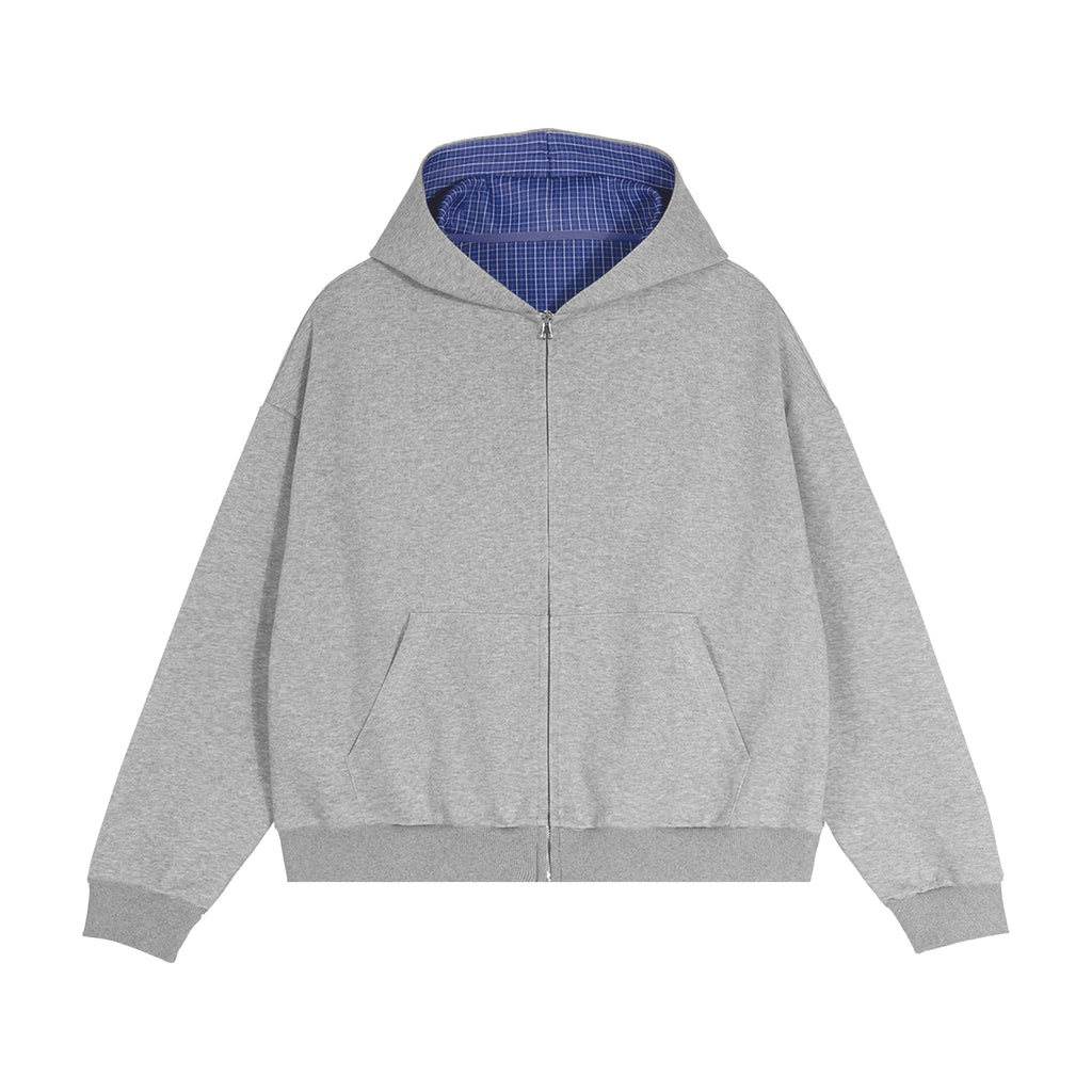 Contrast Plaid Boxy Zip Hoodie