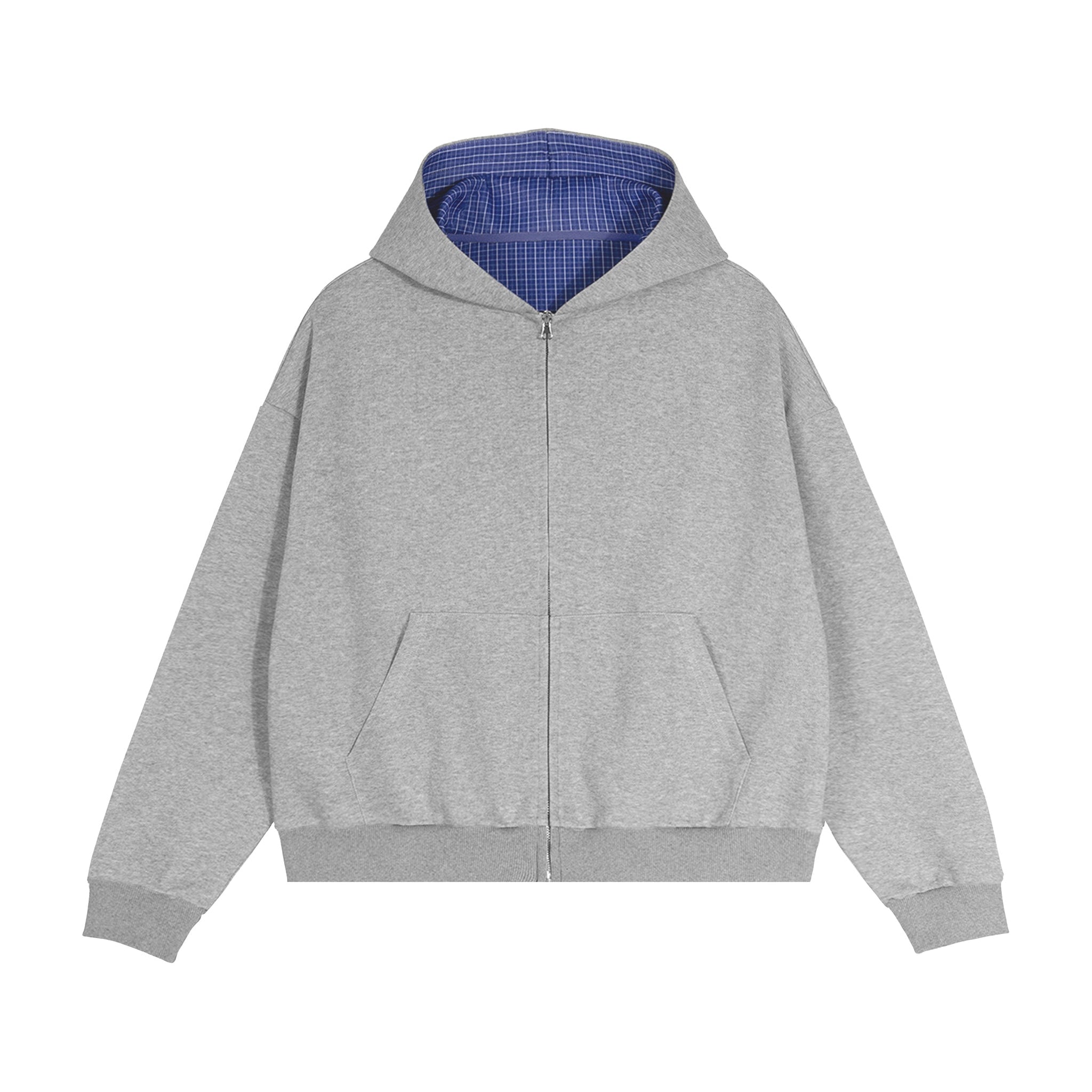 Contrast Plaid Boxy Zip Hoodie