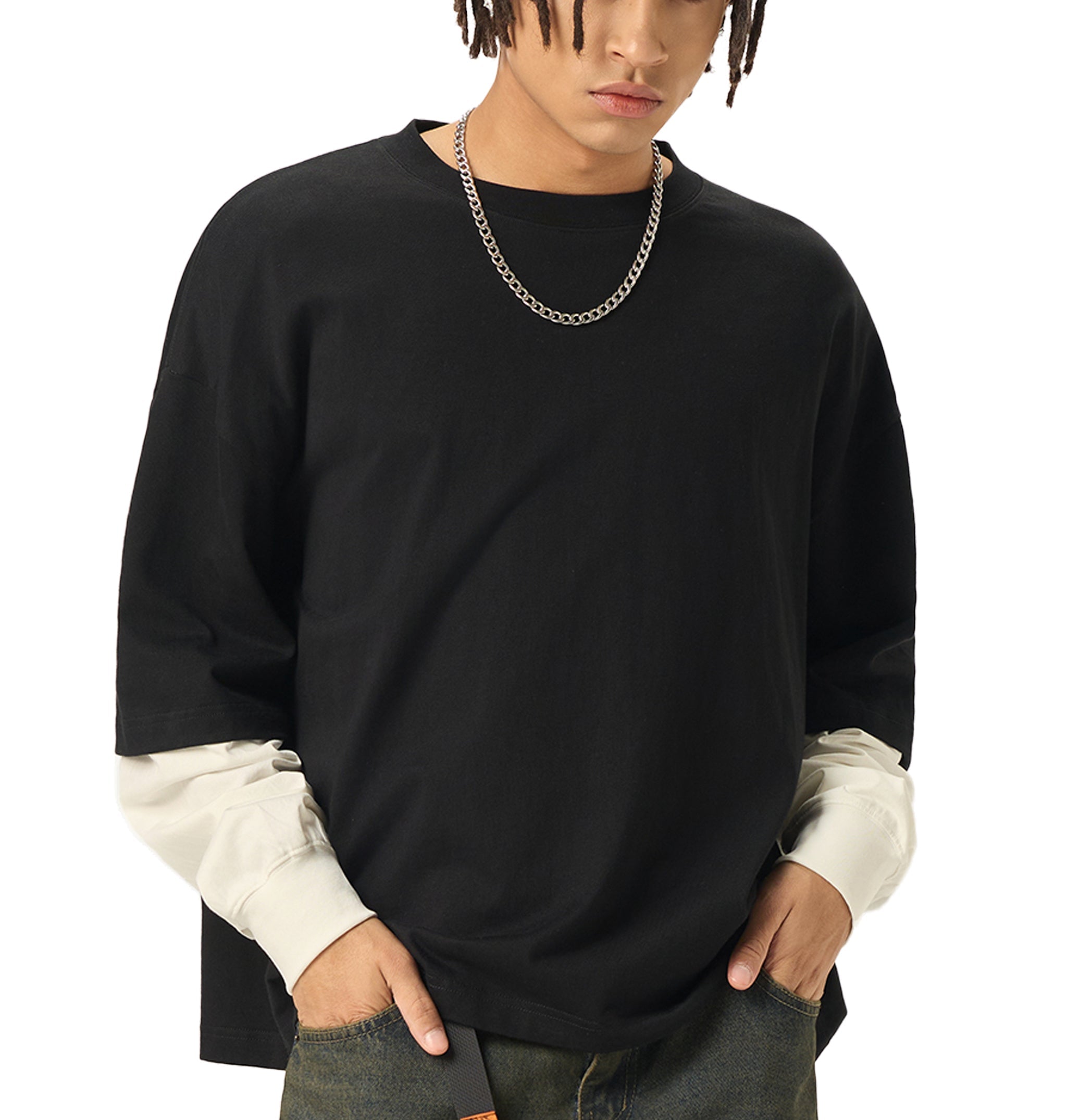 Layered Contrast Sleeve Cotton T-Shirt